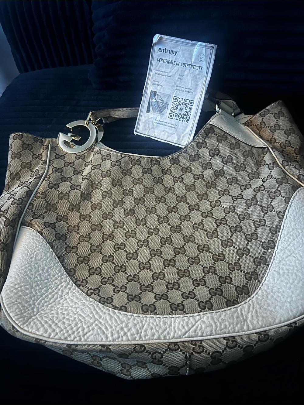 Gucci Beige GG Canvas and White Leather Hobo Bag